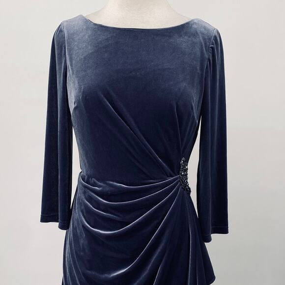 Oleg Cassini Velvet Draped Cocktail Mini Dress Sheath Long Sleeve Gathered 8 - Picture 3 of 12